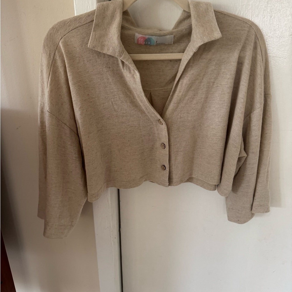 Cropped Collared Knit Top and Pants in Beige and cream